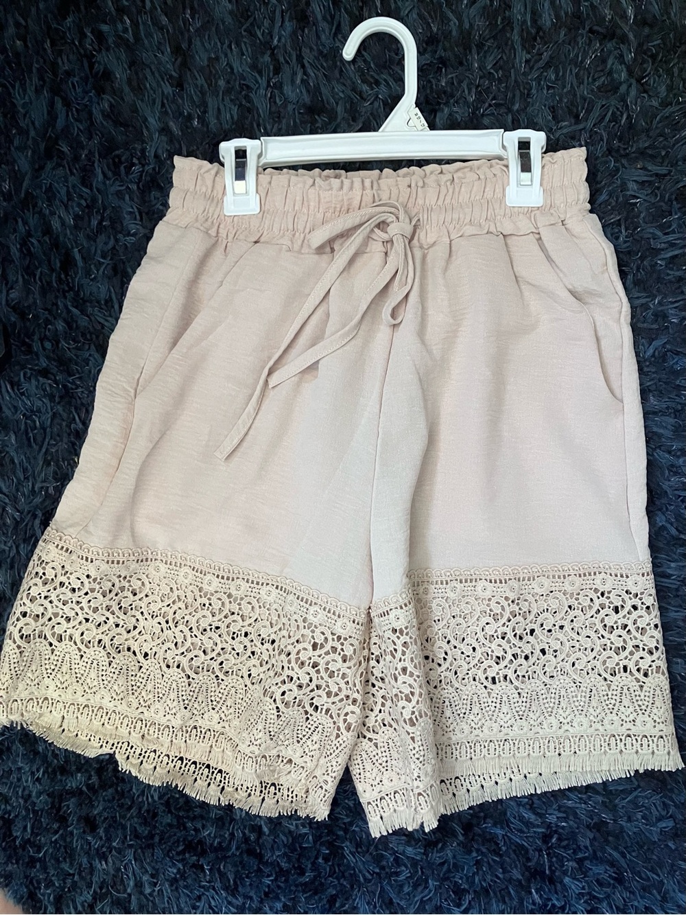 Women's Crochet Hem Drawstring Shorts — Light Beige